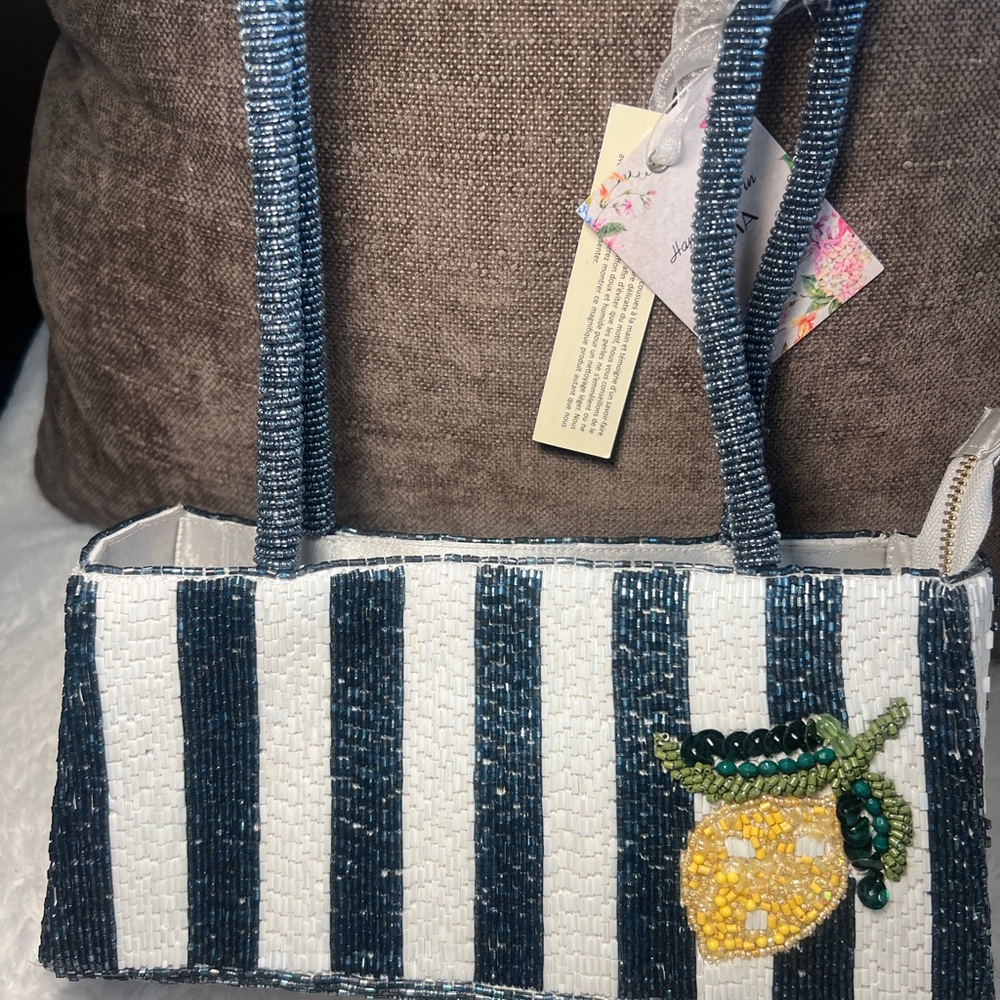 Beaded Navy & White Stripe Lemon Tote Bag